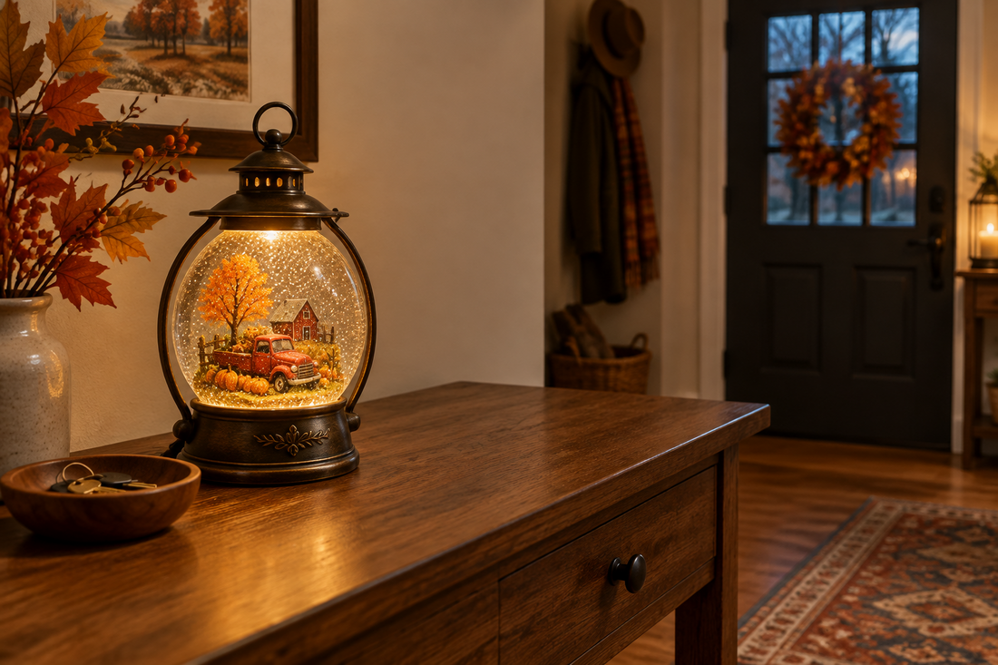 Lighted fall snow globe lantern on an entryway table with autumn foliage and a key bowl