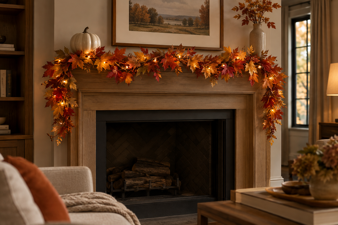 Warm white LED maple-leaf garland decorating a fireplace mantel in a cozy fall living room