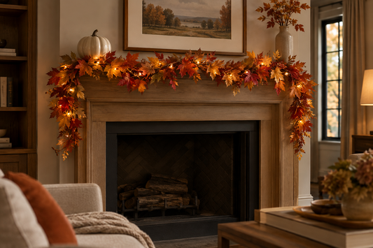 Warm white LED maple-leaf garland decorating a fireplace mantel in a cozy fall living room
