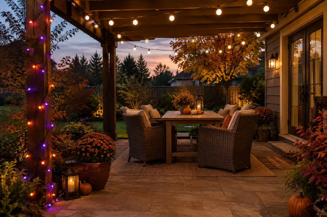 Fall backyard patio with purple and orange Halloween string lights and warm white globe lights above the seating area