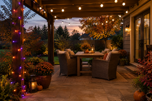 Fall backyard patio with purple and orange Halloween string lights and warm white globe lights above the seating area