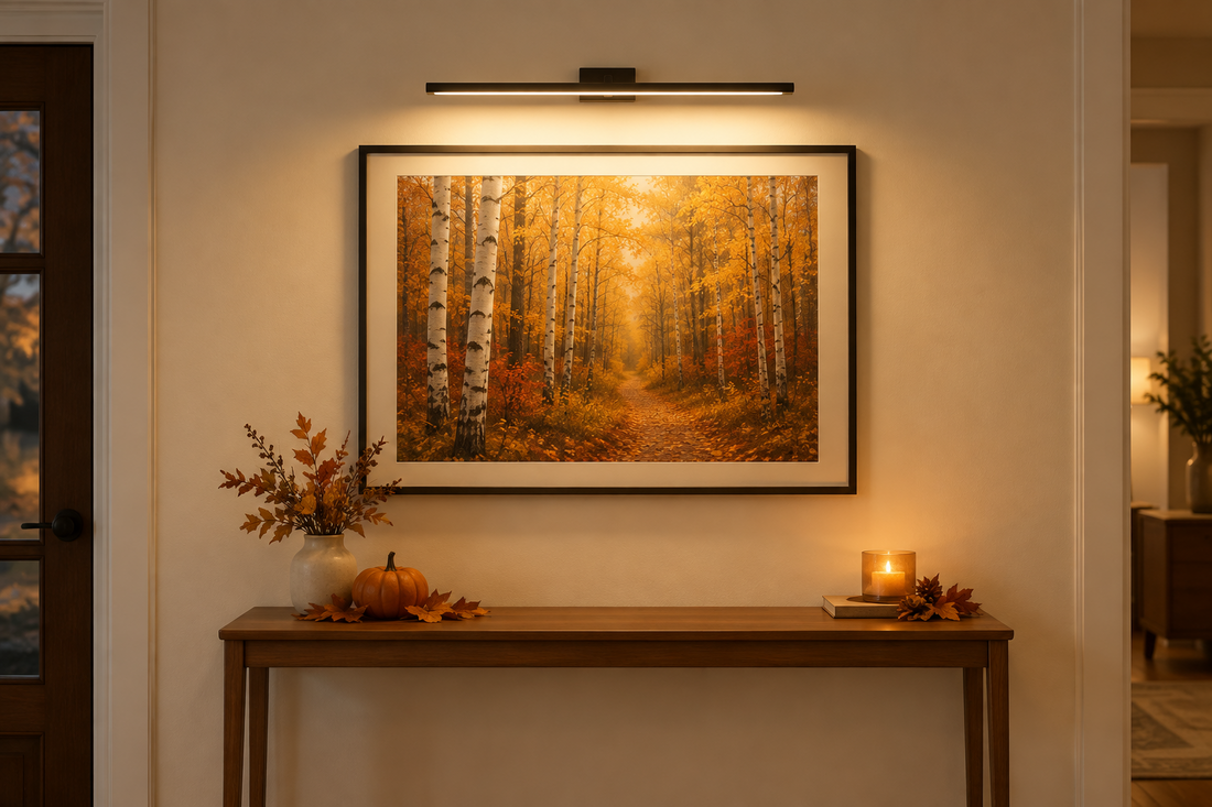 Black rechargeable picture light illuminating a framed autumn woodland print above a wooden entryway console.
