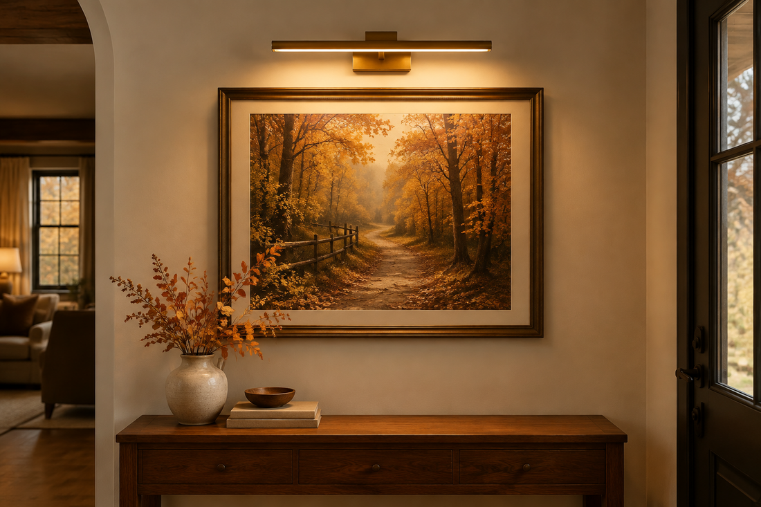 Brass rechargeable picture light illuminating a framed autumn landscape above a wooden entryway console.