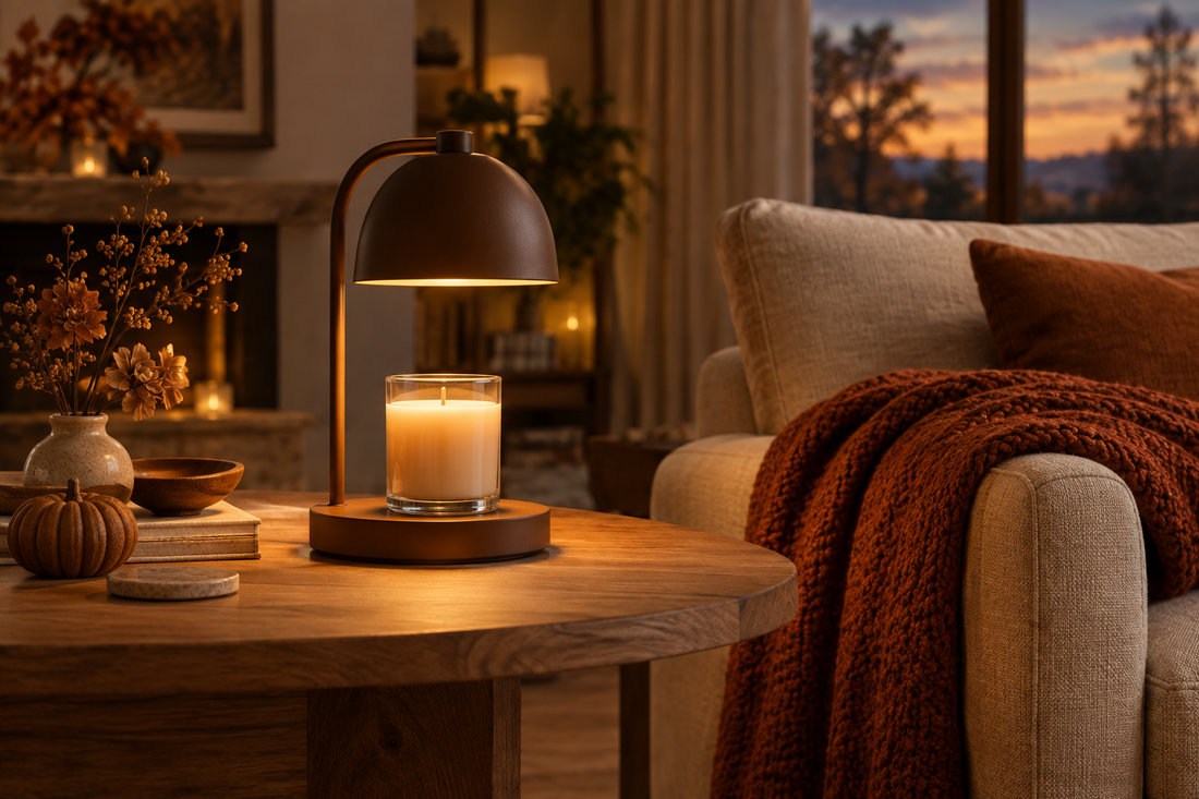 Brown candle warmer lamp over an unlit jar candle on a wooden side table beside an armchair in a cozy fall living room.