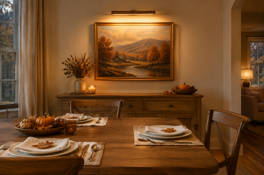 A wood-tone cordless picture light illuminates an autumn landscape in a cozy dining room prepared for November hosting.