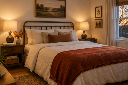 Matching warm bedside lamps on two nightstands in a cozy fall bedroom with cream bedding and a rust-colored throw