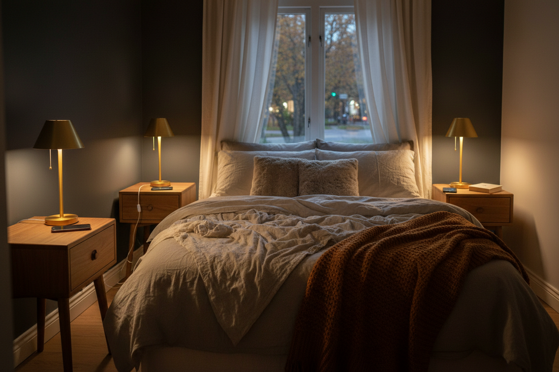 Dimmable bedside table lamp set of 2 with USB port on matching nightstands in a small bedroom with warm fall lighting