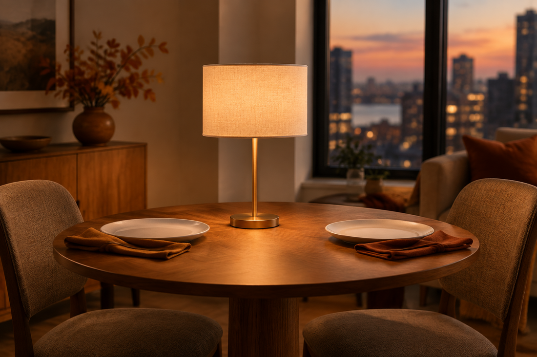 EZVALO cordless table lamp casting warm light over a small dining table set for two on a fall evening.