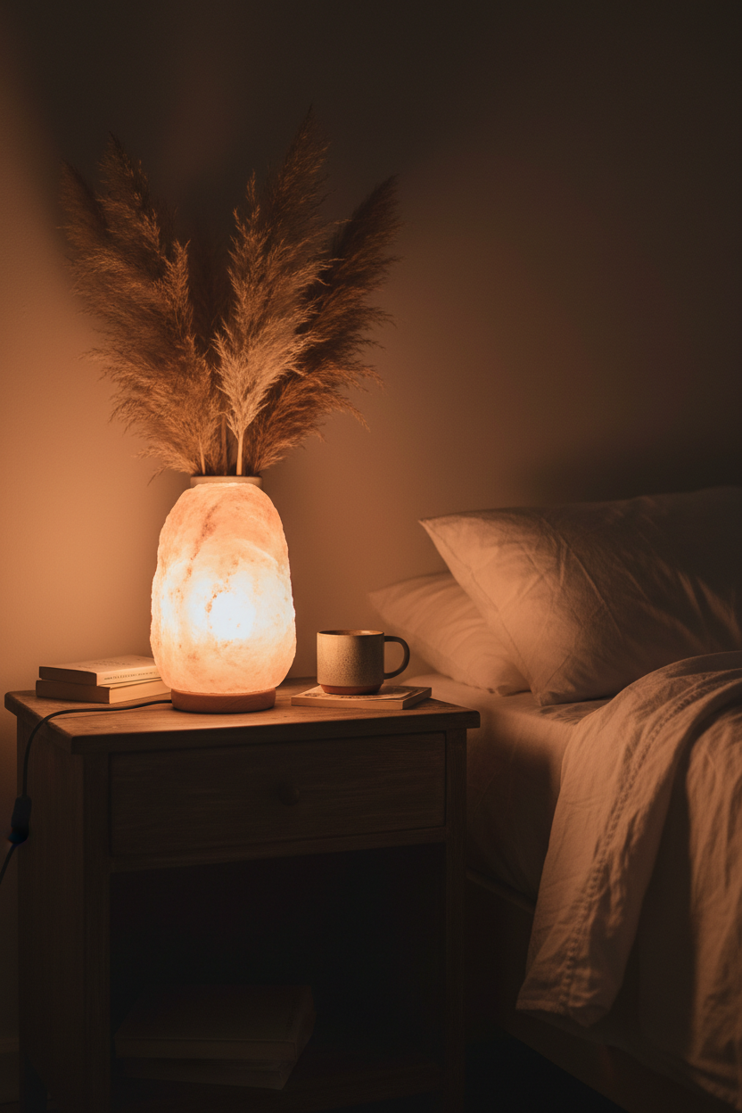 Himalayan salt lamp with dimmer switch glowing warm amber on bedroom nightstand for sleep and small room wellness decor