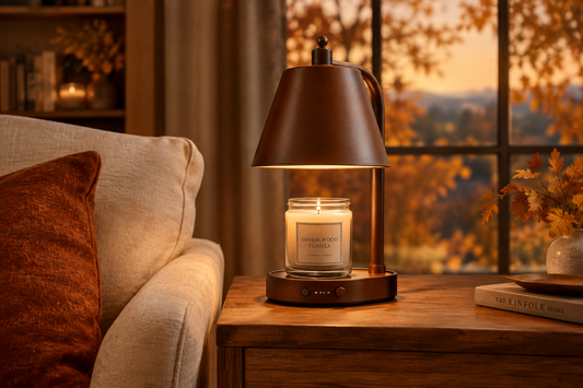Brown candle warmer lamp warming an unlit jar candle on a wooden side table in a cozy fall living room.
