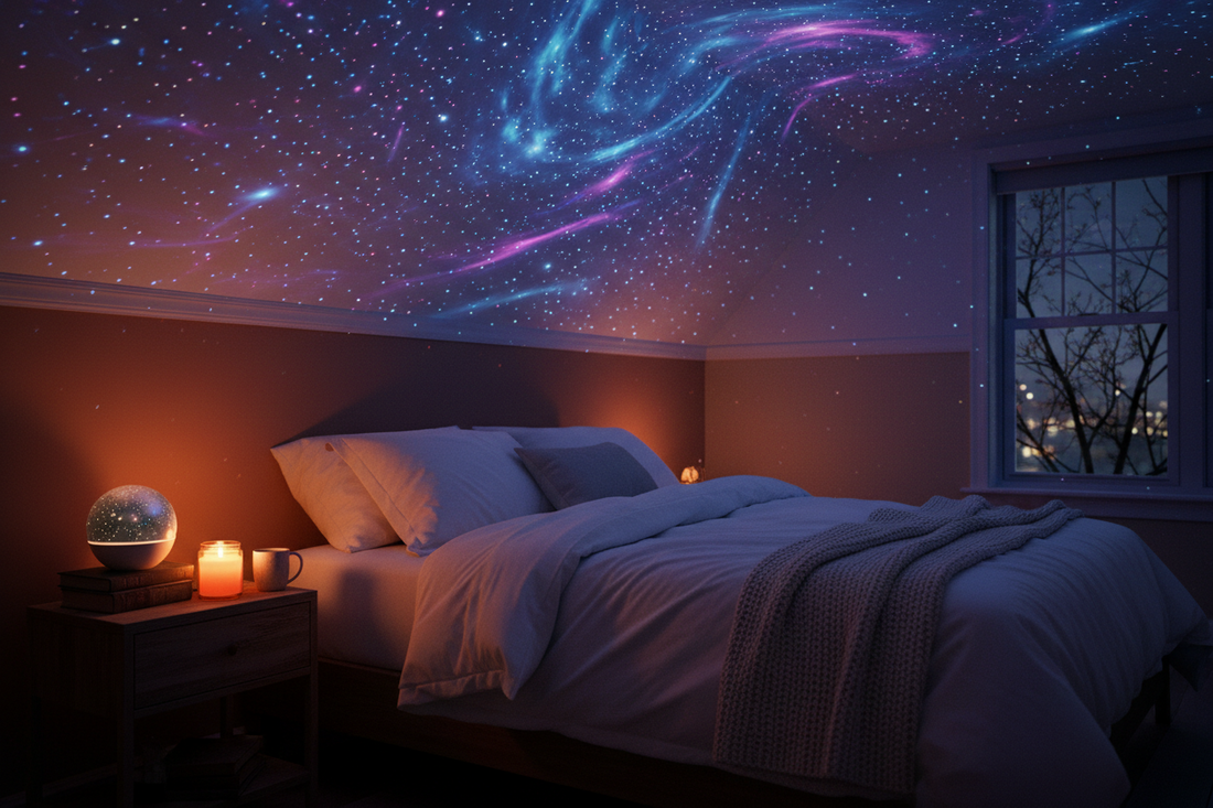 Galaxy projector casting color changing star field on bedroom ceiling for sleep and relaxation at night