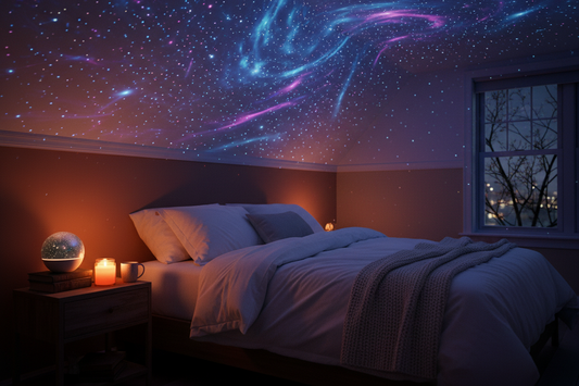 Galaxy projector casting color changing star field on bedroom ceiling for sleep and relaxation at night