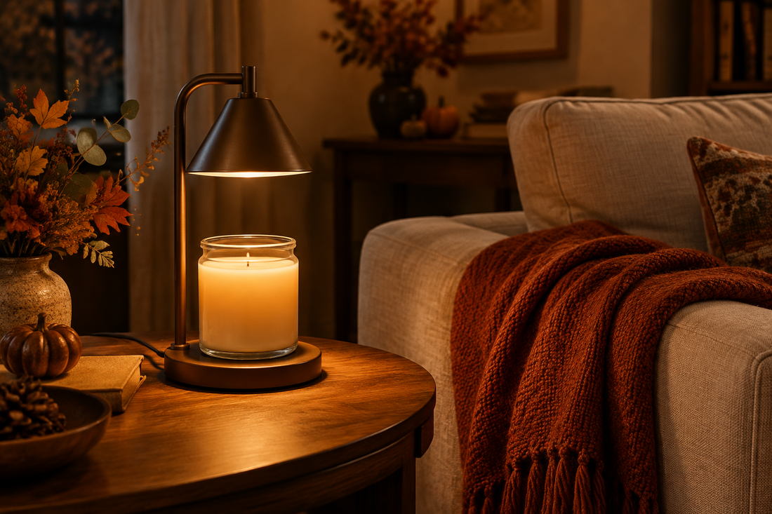 Brown candle warmer lamp illuminating a jar candle beside a neutral sofa in a cozy fall living room.