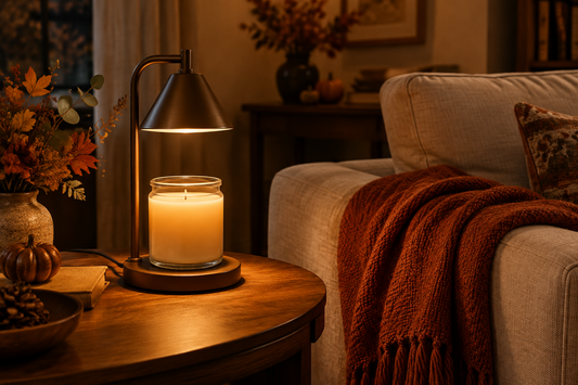 Brown candle warmer lamp illuminating a jar candle beside a neutral sofa in a cozy fall living room.