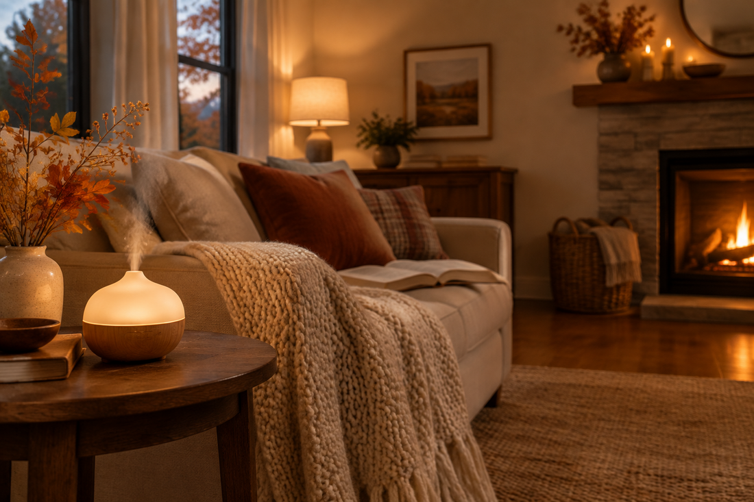Warm-glowing aroma diffuser on a living room side table with a knit throw and subtle fall decor