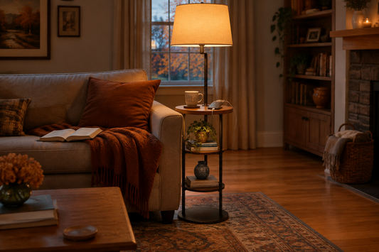 Floor lamp with a built-in side table beside a sofa in a cozy fall living room