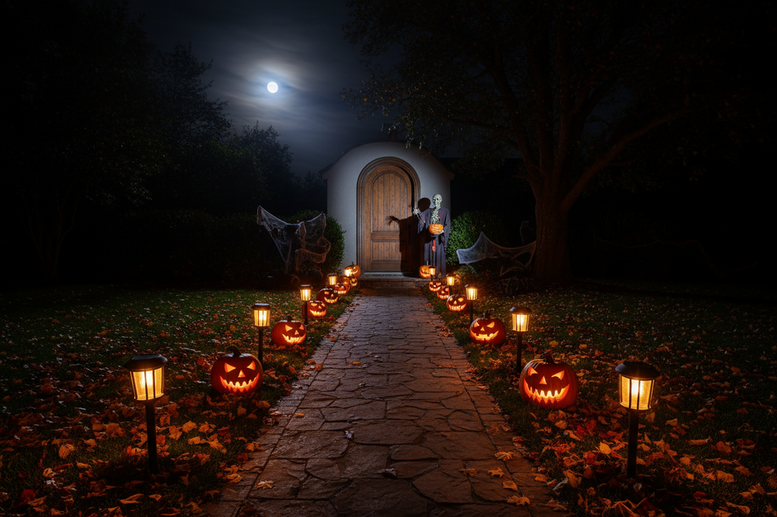Solar Halloween pathway lights with motion sensor lining a stone walkway at night with jack-o'-lanterns and fall yard decor