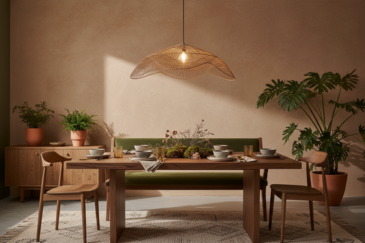 How to choose the right pendant light for dining room with warm statement ceiling fixture over wooden table