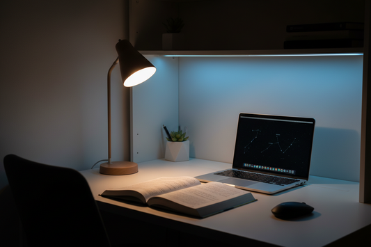 Best desk lamp for dorm room study setup with warm lighting on a college student's desk at night