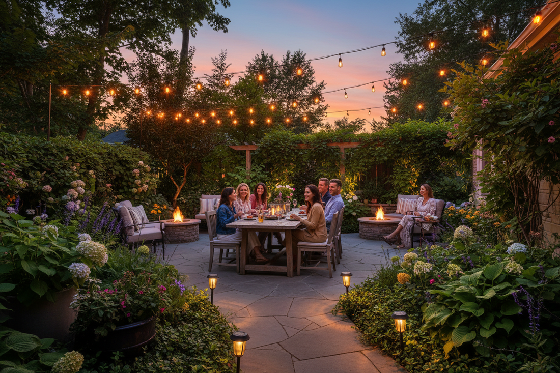Best outdoor patio lights for late summer backyard entertaining with warm string lights and solar garden path lights