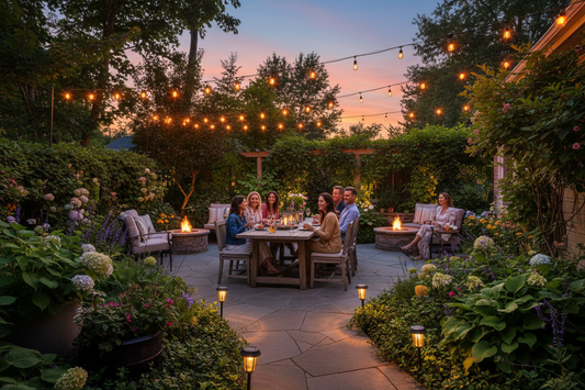 Best outdoor patio lights for late summer backyard entertaining with warm string lights and solar garden path lights