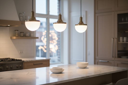 Modern pendant lights hanging over a marble kitchen island with warm white glow in a minimalist Scandinavian interior