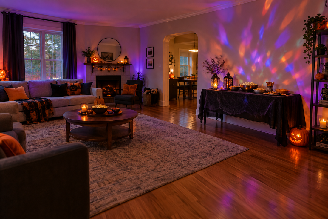 Living room set up for a Halloween party with colorful RGB lighting on the wall