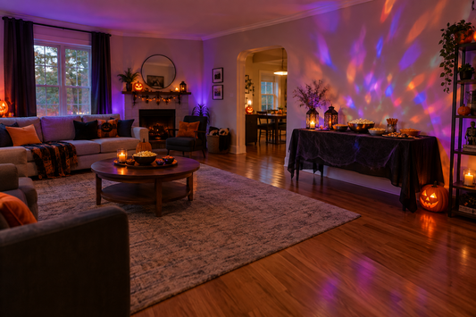 Living room set up for a Halloween party with colorful RGB lighting on the wall