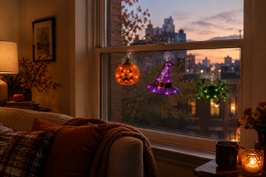 Apartment window decorated with glowing pumpkin, witch hat, and spider Halloween lights on an October evening