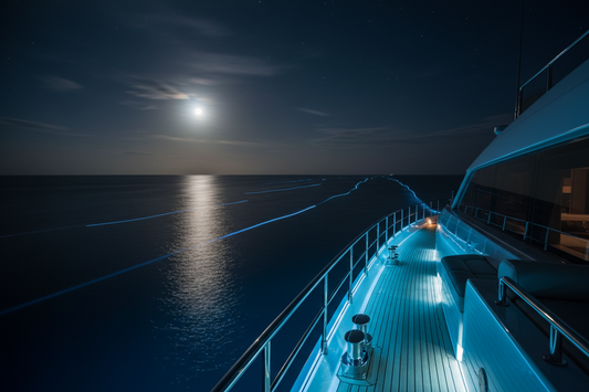 A modern boat deck illuminated by high-quality boat led strip lights for safe night cruising, by glowhanen.