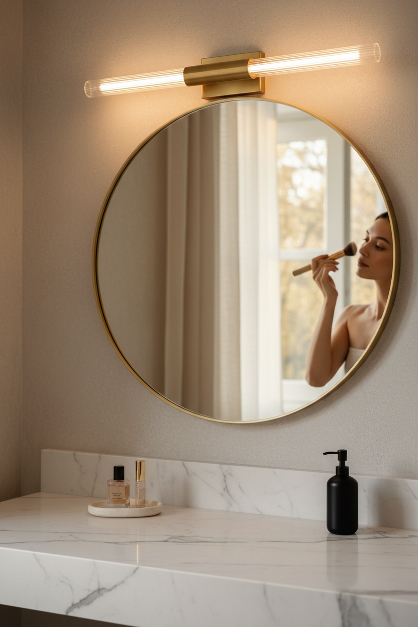 2-light dimmable bathroom vanity light with glass tube sconce mounted over mirror in a warm gold finish modern bathroom