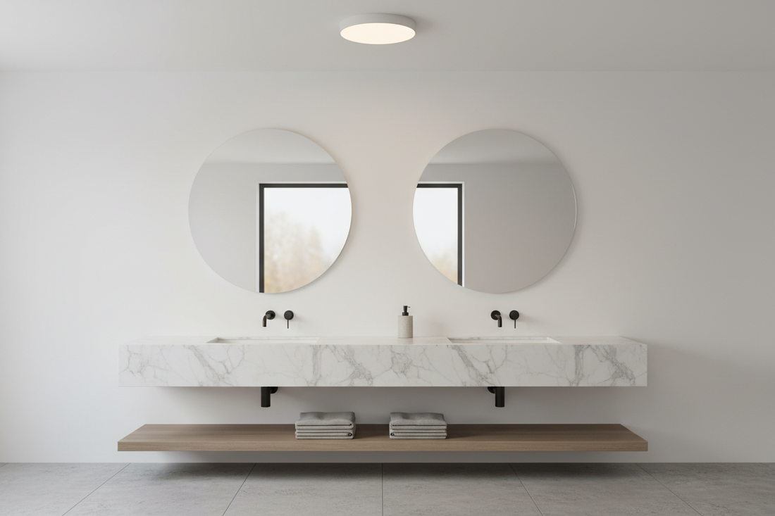 12 inch 24W LED flush mount ceiling light installed in a modern bathroom above a marble vanity glowing warm white