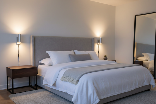 Plug-in LED wall sconces with touch switch mounted on bedroom wall on both sides of headboard with no wiring and warm white light