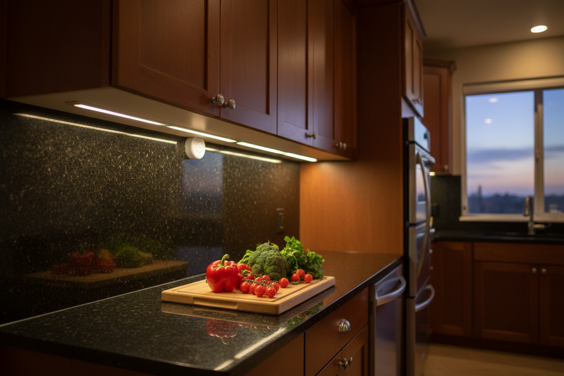 Under cabinet LED lights with motion sensor glowing on kitchen counter surface with no wiring showing three light zones across cabinets