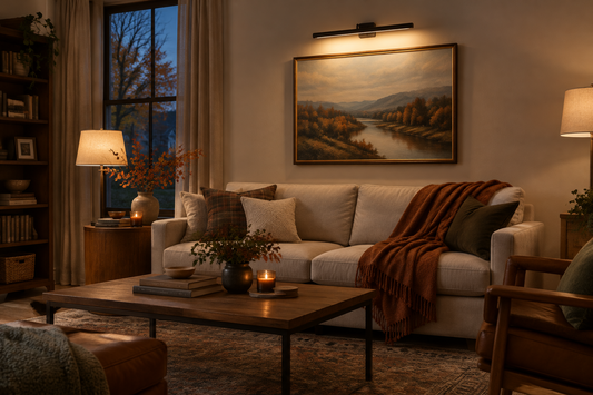 Black picture light illuminating framed landscape art above a neutral sofa in a cozy fall living room.