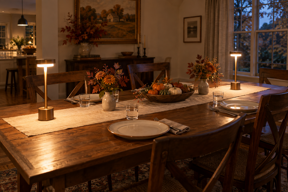 Two glowing cordless table lamps on a fall dining table with a linen runner and simple autumn decorations