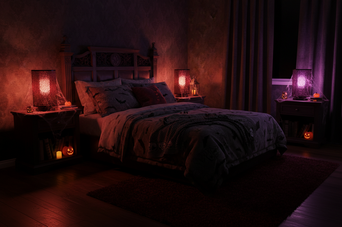 Alt text: Color changing table lamp set of 2 on bedroom nightstands glowing red and purple for Halloween ambiance