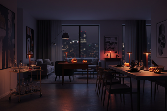 Alt text: Cordless table lamp set styled across living room, entryway, and bar cart for Halloween party hosting