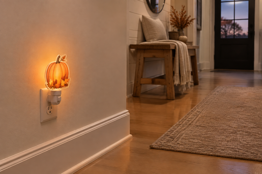 Autumn pumpkin plug-in night light glowing in a wall outlet along a softly lit hallway with subtle fall decor.