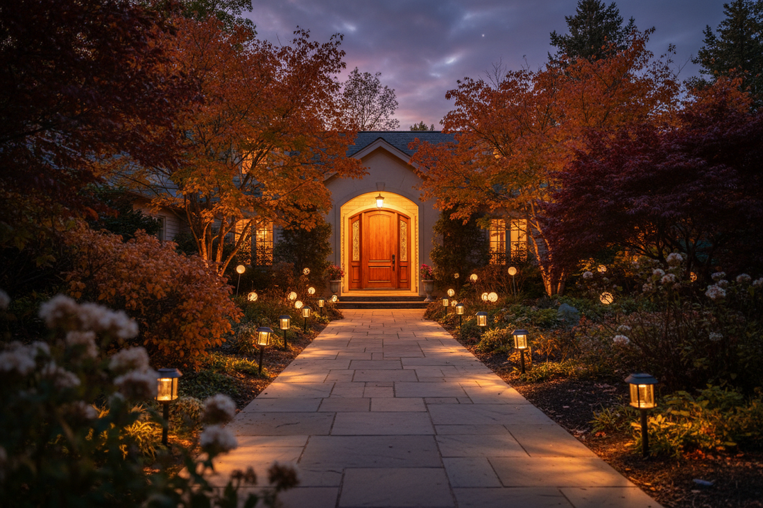 Solar pathway lights outdoor waterproof IP65 lining a residential walkway and driveway at dusk with warm white glow in fall landscape