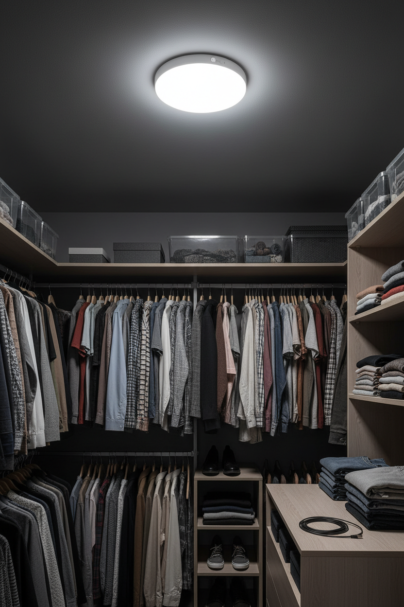 Rechargeable motion sensor LED ceiling light with magnetic mount installed in closet ceiling glowing bright white with no wiring
