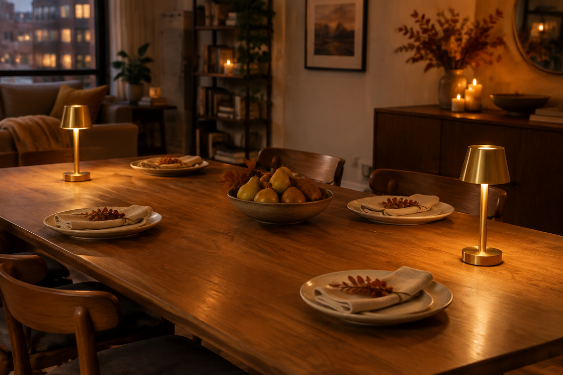 Two gold cordless table lamps illuminate a small Thanksgiving dining table with cream linens and autumn pears.