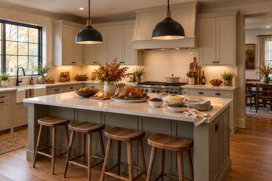Two black-and-wood pendant lights above a kitchen island styled for a relaxed Thanksgiving gathering.