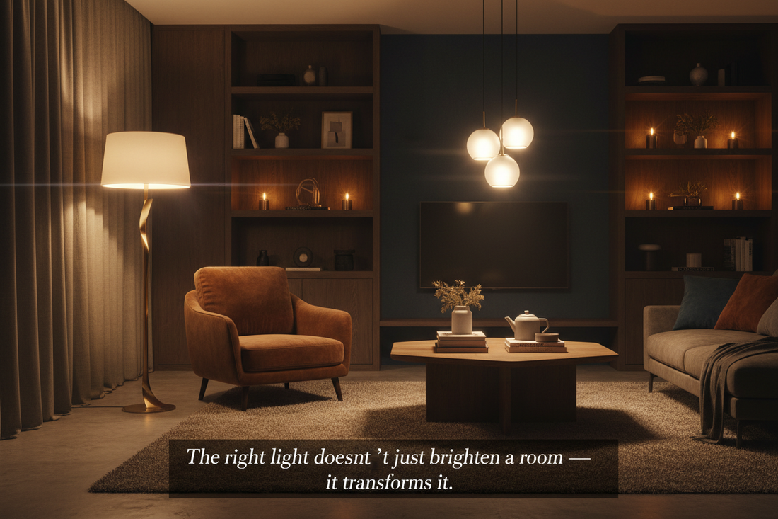 A warmly lit living room featuring layered lighting with a ceiling fixture, floor lamp, and accent lights creating a cozy and inviting atmosphere.
