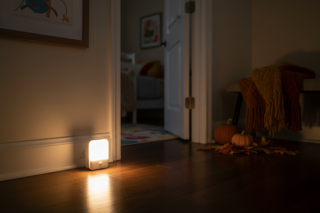 Motion sensor night light plugged into wall outlet glowing warm white in a dark hallway outside a kids bedroom at night