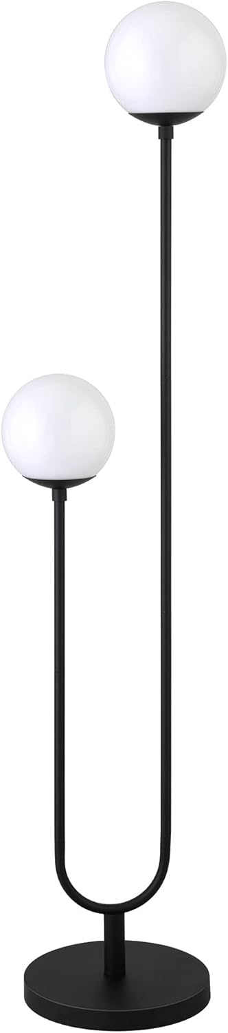 Henn&Hart 68.5" Mid-Century Modern 2-Light Floor Lamp with White Milk Glass Globe Shade for Living Room, Bedroom, or Office, Black