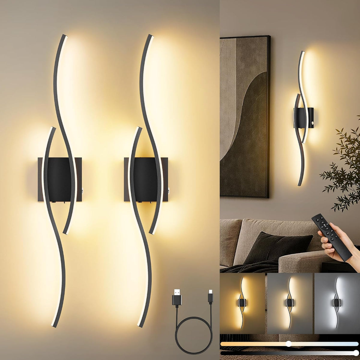 31.5-Inch Cordless LED Wall Sconces with Remote & Touch Control, Black, Set of 2