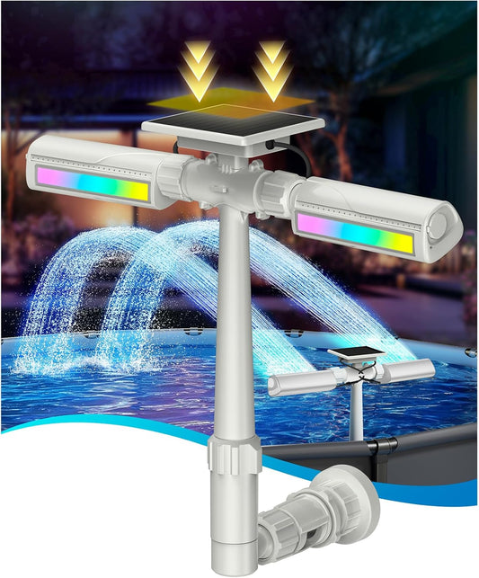 POOLJOYO Solar Pool Fountain | 10-Color RGB LED, Dual Spray, 360° Adjustable