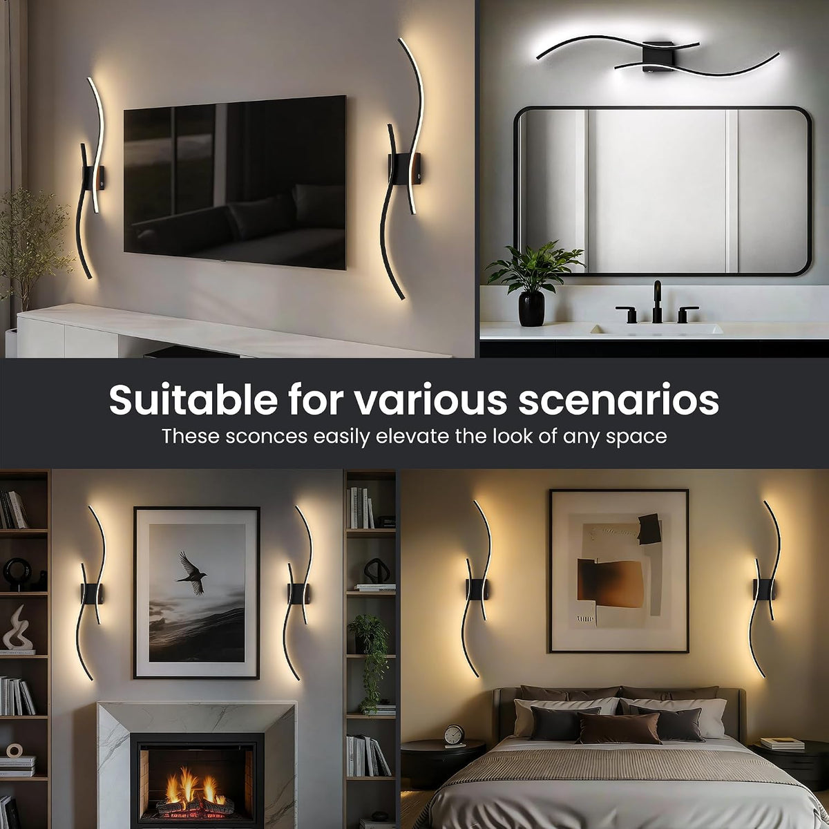 31.5-Inch Rechargeable LED Wall Sconces with Remote, Black, Set of 2