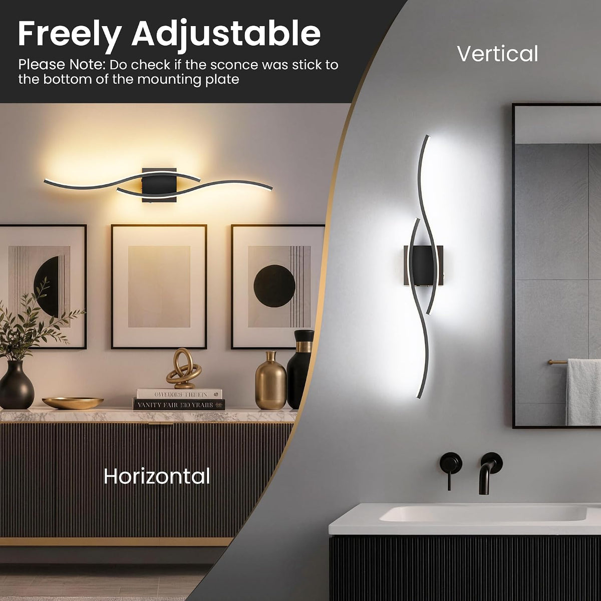 31.5-Inch Cordless LED Wall Sconces with Remote & Touch Control, Black, Set of 2